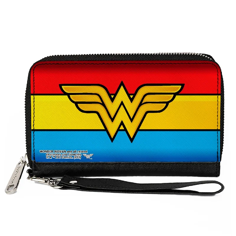 Money clips for holding large amounts of cashPU Zip Around Wallet Rectangle - Wonder Woman Logo/Stripe Red/Yellows/Blue