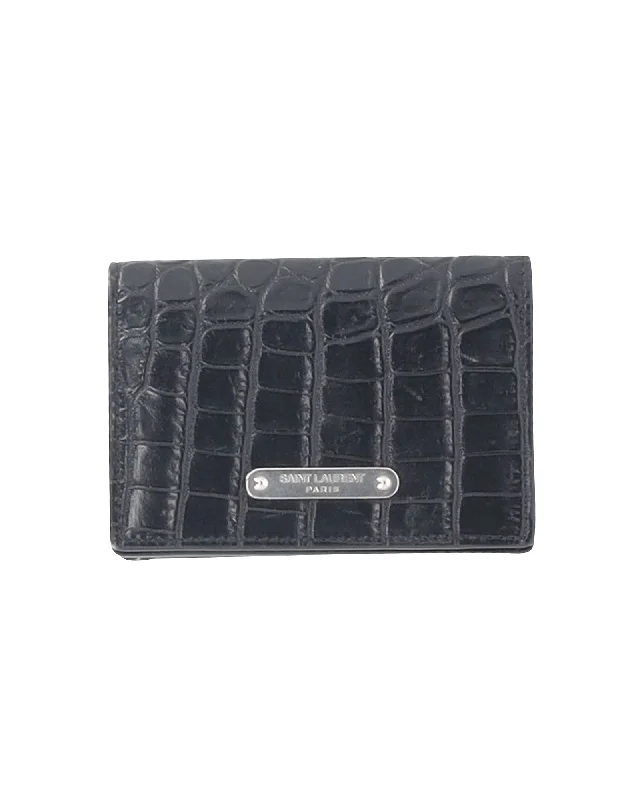 Elegant money clips for weddingsSaint Laurent Logo Trifold Compact Wallet in Black Croc-Embossed Leather