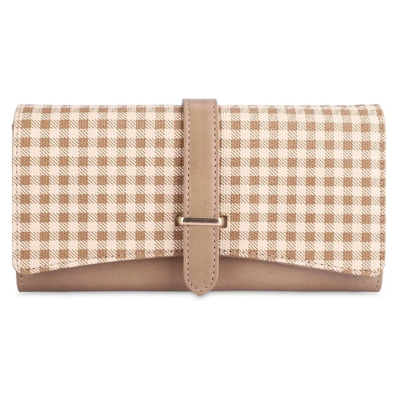 Elegant money clips for weddingsTHE CLOWNFISH Dhanvi Collection PVC Checks Design Snap Flap Closure Womens Wallet Clutch Ladies Purse with Multiple Card Holders (Light Brown)