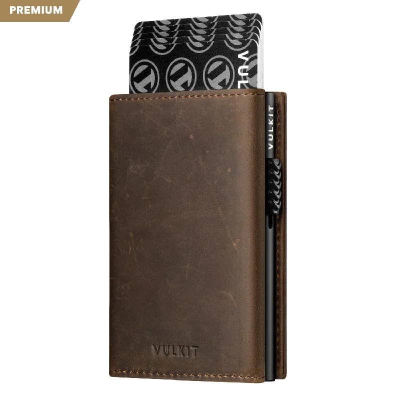 Slim money clips for minimalist walletsVC302P- Crazy Horse Genuine Leather, Side Slider Mechanism, Back Zipper Slot, Magnetic Strip Closure Tri-fold Wallet