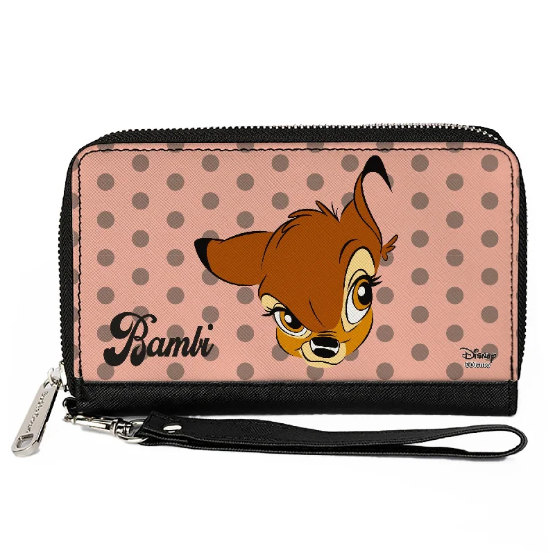 Stainless steel money clips for durabilityWomen's PU Zip Around Wallet Rectangle - BAMBI Face Dots Pink Mauve