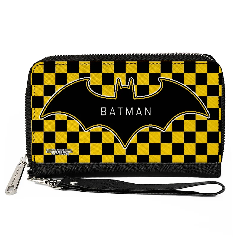 Personalized engraved money clips for menWomen's PU Zip Around Wallet Rectangle - BATMAN Bat Logo Close-Up Checker Yellow Black