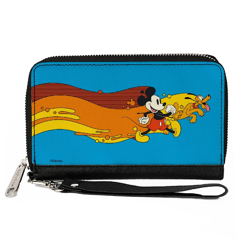 Eco-friendly money clips made from sustainable materialsWomen's PU Zip Around Wallet Rectangle - Mickey Mouse and Pluto Action Wave Pose Blue Red Orange Yellow