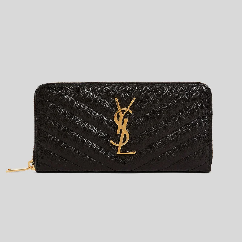 Best money clips for cash and cardsSAINT LAURENT YSL Cassandre Matelasse Zip Around Wallet In Grain De Poudre Embossed Leather Black 358094BOW01