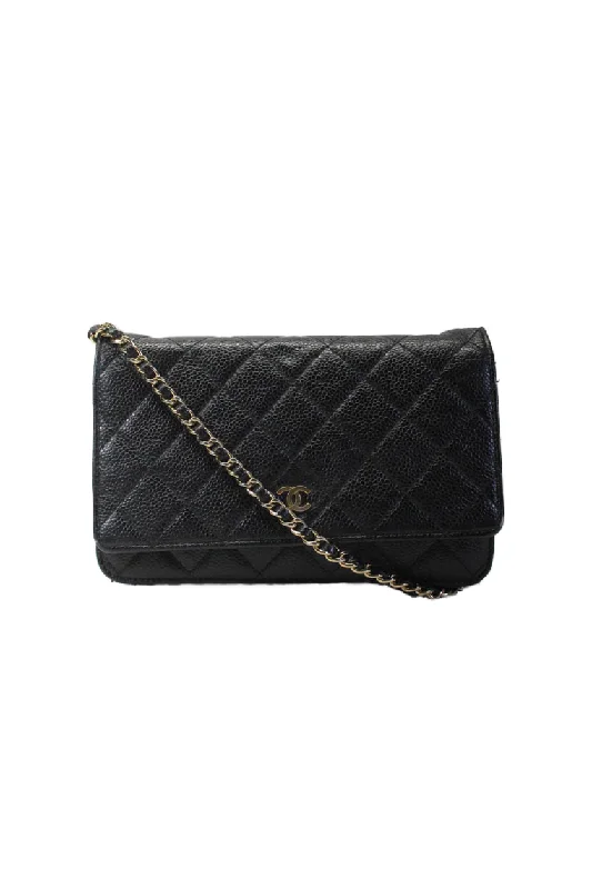 Chanel Womens Quilted Caviar Leather CC Flap Wallet On A Chain Black Gold Tone