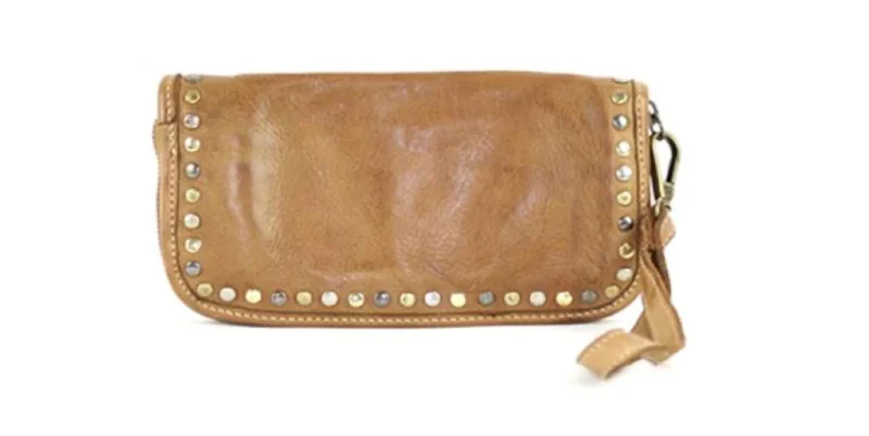 Leather Studded Zip Around Wallet In Cognac