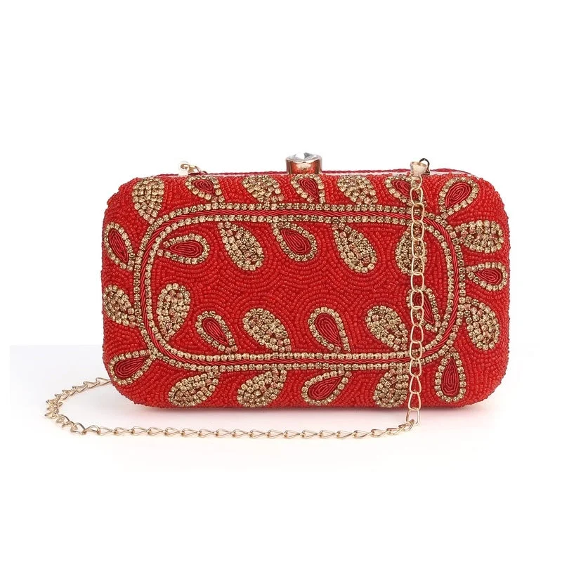 THE CLOWNFISH Angela Collection Womens Party Clutch Ladies Wallet Evening Bag with Fashionable Round Corners Beads Work Floral Design (Red) THE CLOWNFISH Angela Collection Womens Party Clutch Ladies Wallet Evening Bag with Fashionable Round Corners Beads Work Floral Design (Red)
