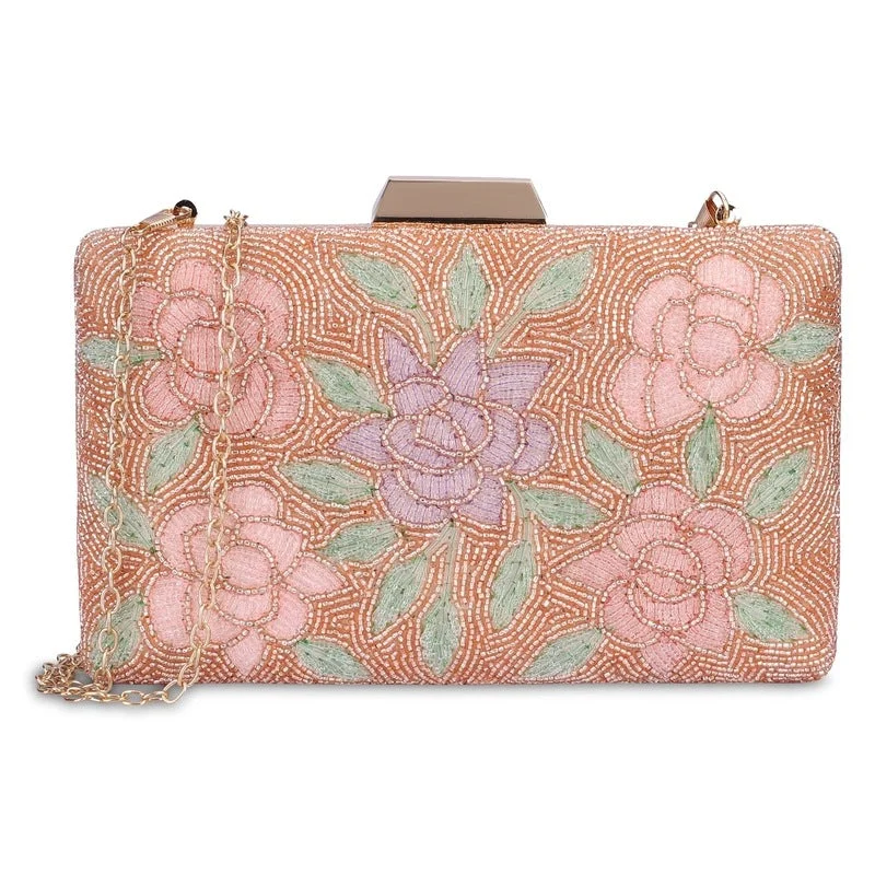 THE CLOWNFISH Anmol Collection Womens Party Clutch Ladies Wallet with Chain Strap Evening Sling Bag with Fashionable Beads Work Floral Design (Peach) THE CLOWNFISH Anmol Collection Womens Party Clutch Ladies Wallet with Chain Strap Evening Sling Bag with Fashionable Beads Work Floral Design (Peach)
