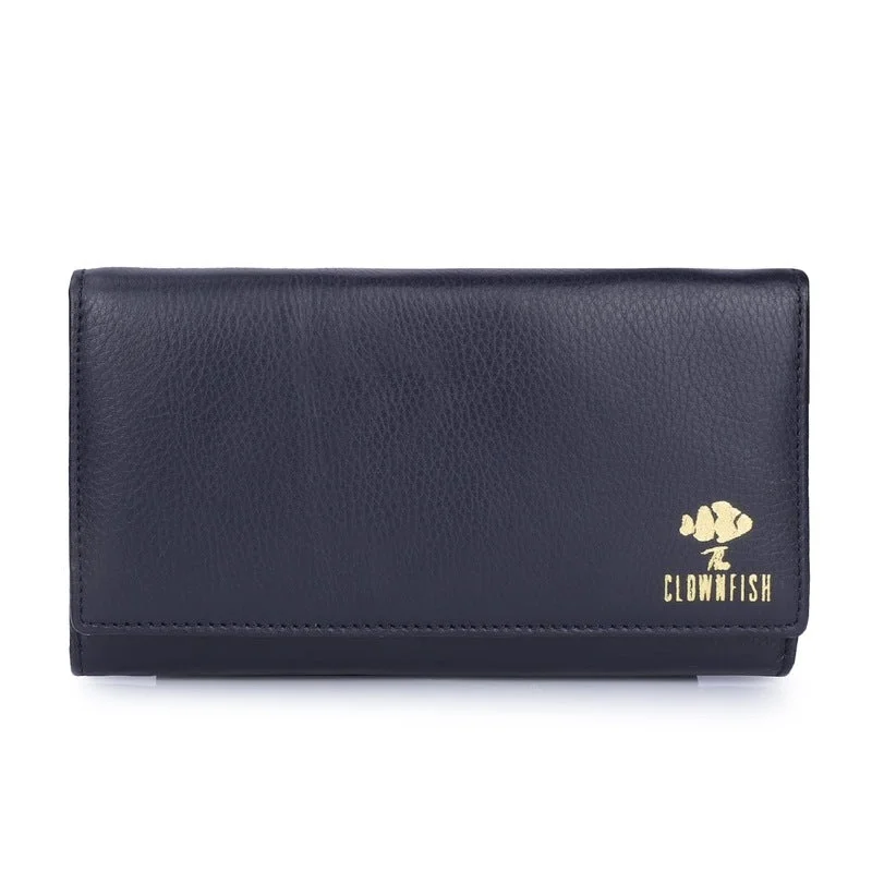 THE CLOWNFISH Elsa Collection Genuine Leather Tri-Fold Womens Wallet Clutch Ladies Purse with Multiple Card Slots & ID Card Windows (Navy Blue) THE CLOWNFISH Elsa Collection Genuine Leather Tri-Fold Womens Wallet Clutch Ladies Purse with Multiple Card Slots & ID Card Windows (Navy Blue)