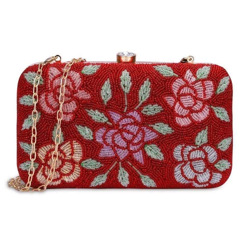 THE CLOWNFISH Norah Collection Womens Party Clutch Ladies Wallet with Chain Strap Evening Bag with Fashionable Round Corners Beads Work Floral Design (Red) THE CLOWNFISH Norah Collection Womens Party Clutch Ladies Wallet with Chain Strap Evening Bag with Fashionable Round Corners Beads Work Floral Design (Red)