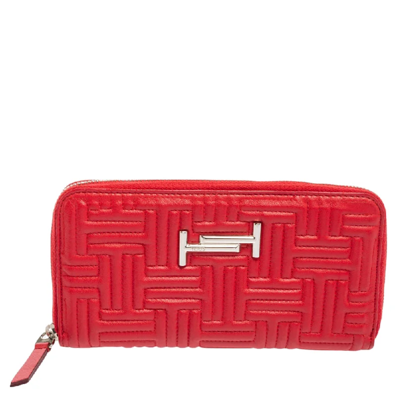 Tod's Red Leather Double T Zip Around Continental Wallet..