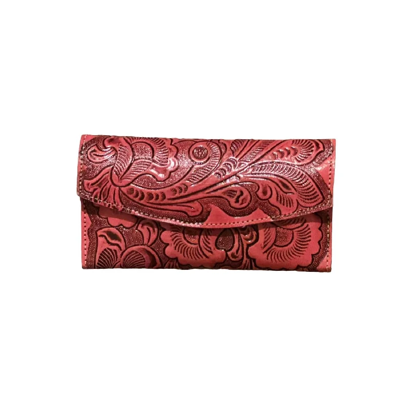 Women's Tri Fold Tooled Leather Wallet In Pink