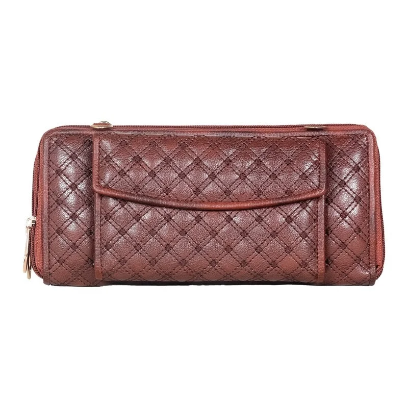 Womens Wallet with Front Mobile Pocket & Checkered Embroidery | Slim Design | Dark Brown Womens Wallet with Front Mobile Pocket & Checkered Embroidery | Slim Design | Dark Brown