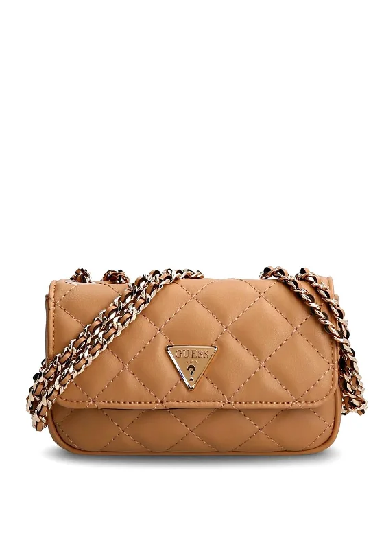 Designer men's crossbody bag with a unique pattern or logoGuess Cessily Quilted Mini Crossbody Bag, Tan