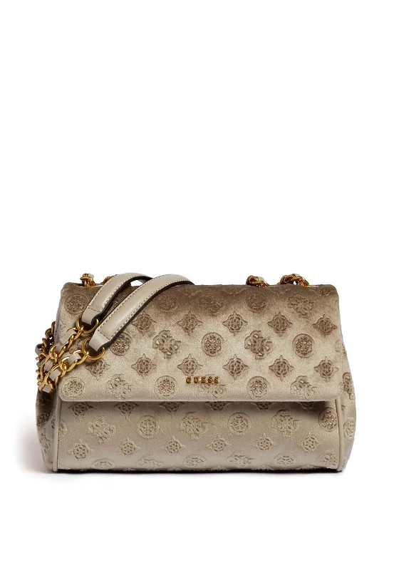 Men's crossbody bag made from recycled materials for eco - friendly usersGuess Kimi Velvet Crossbody Bag, Beige