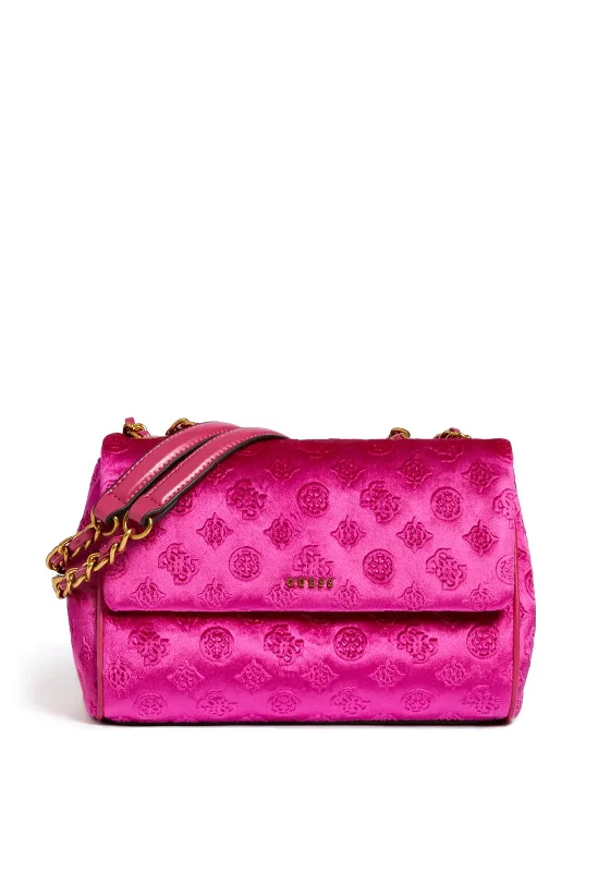 Designer men's crossbody bag with a unique pattern or logoGuess Kimi Velvet Crossbody bag, Fuchsia