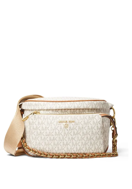 Men's crossbody bag with a padded laptop sleeve for commutingMICHAEL Michael Kors Slater Medium Logo Sling Pack Bag, Vanilla & Acorn