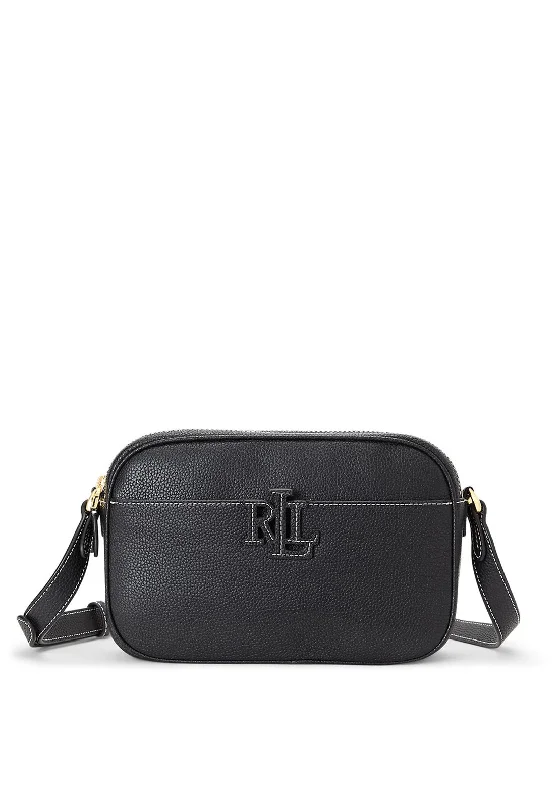 Men's leather crossbody bag with antique brass hardware for a vintage lookRalph Lauren Carrie Leather Crossbody Bag, Black & Ecru