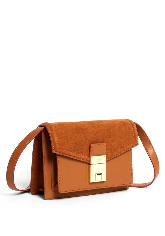 Men's leather crossbody bag with antique brass hardware for a vintage lookTed Baker Kayleas Luggage Lock Detail Small Satchel Bag, Brown